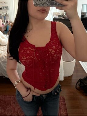 Red Lace Corset Tank Top with Front Lace-Up